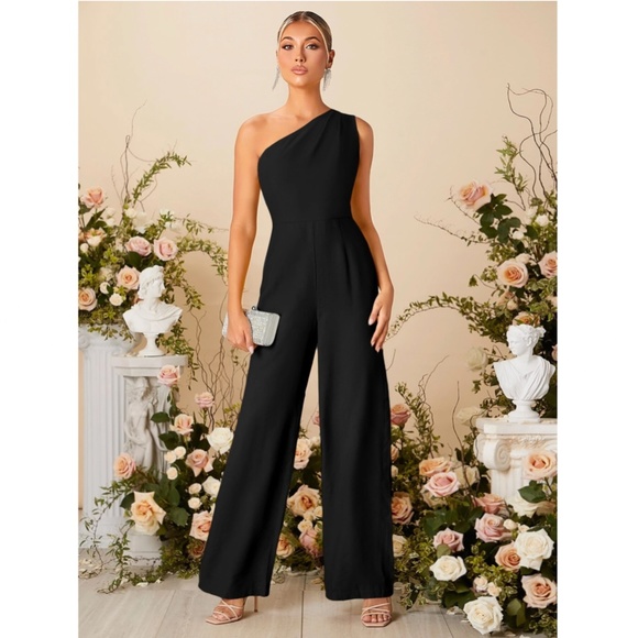 One Shoulder Black Elegant Jumpsuit High Waisted Long Culottes Pants - Picture 4 of 8